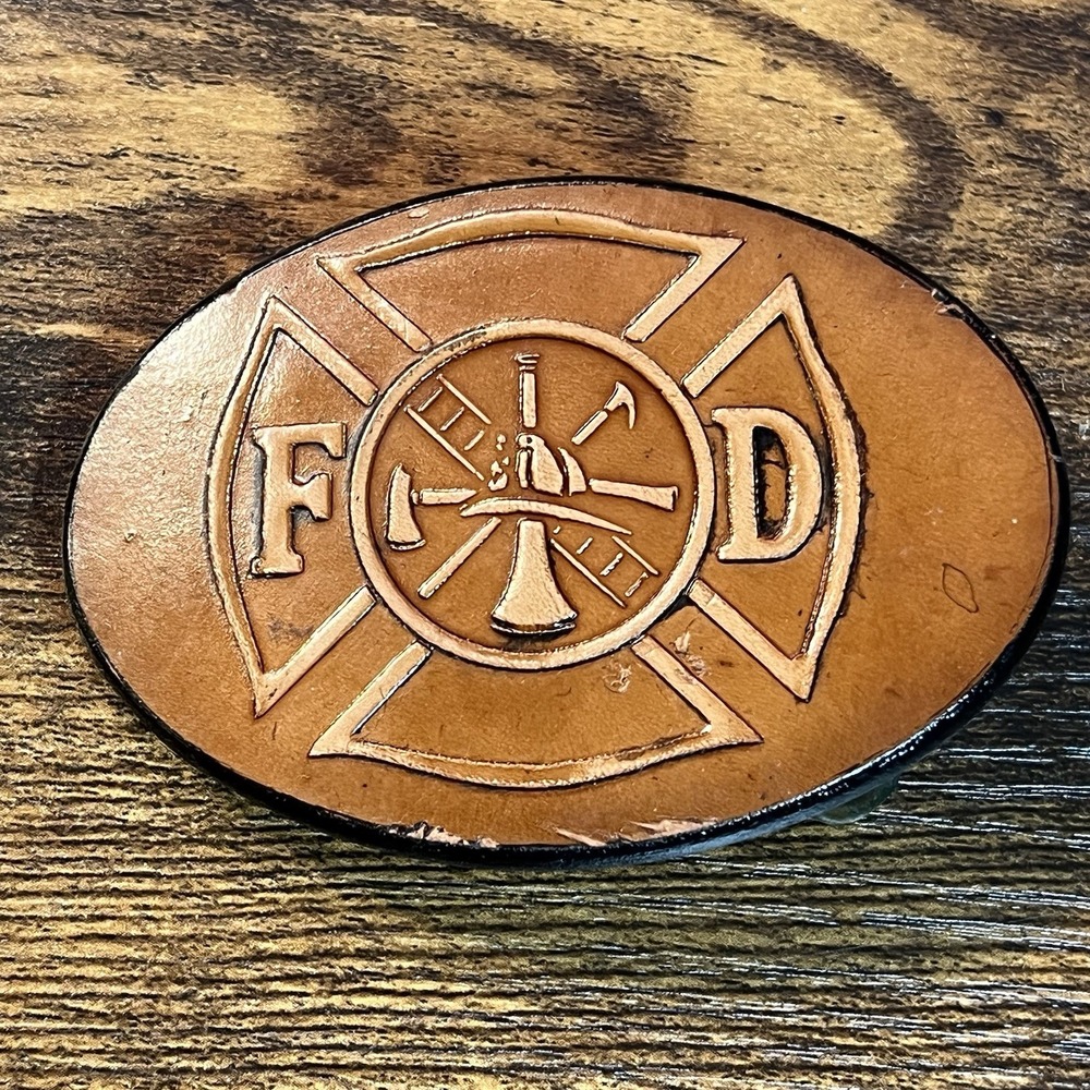 VTG GABC Rare Leather Fire Dept Maltese Cross Belt Buckle Firefighter 1980s USA